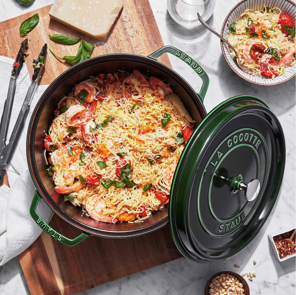 Staub cocotte available at Chef's Hat. Staub cast iron cocotte filled with garlic prawn spaghetti. Staub cocotte available at Chef's Hat.
