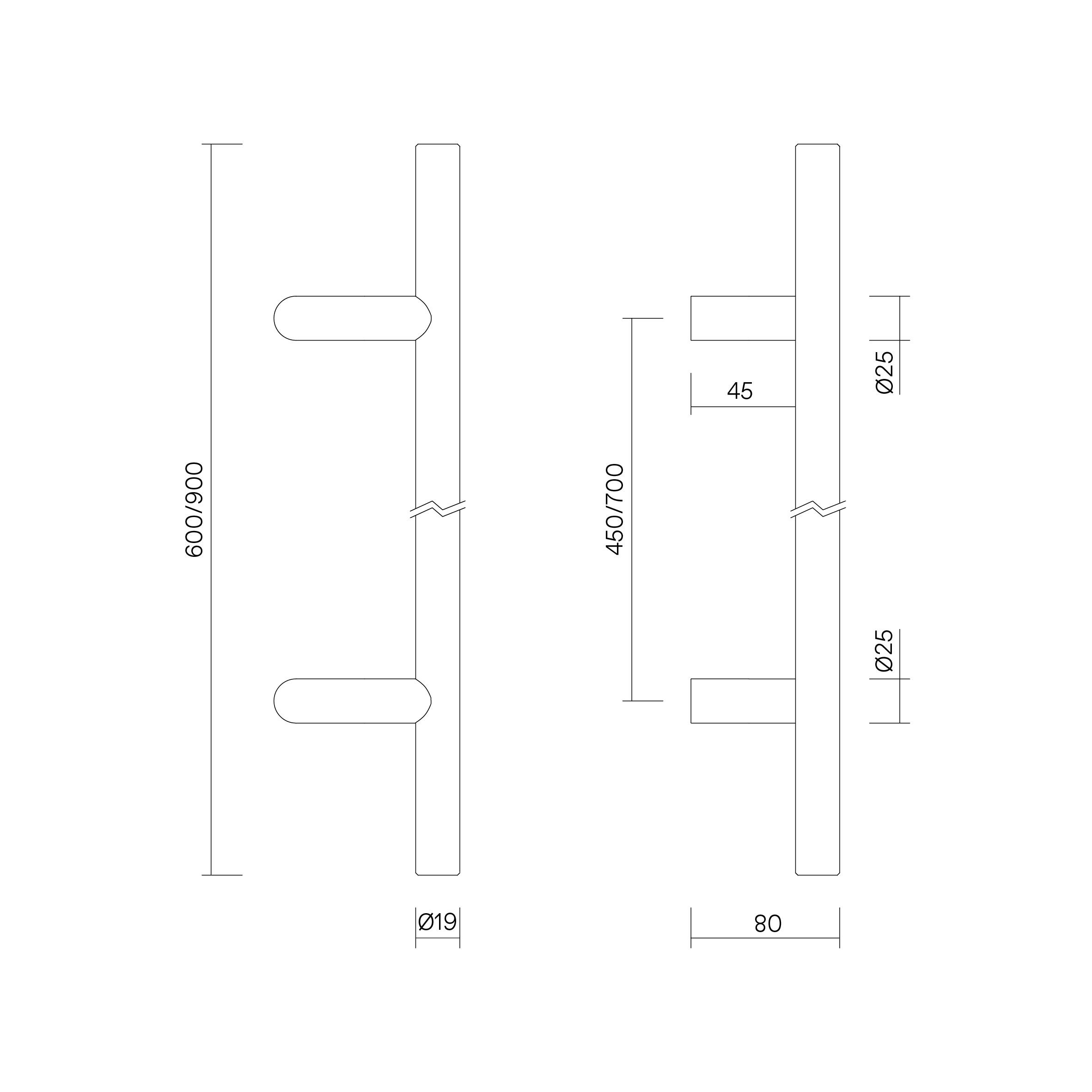 Slimline Round Section Offset H-Pull Handle 450 CTC x 600 OA BLK
