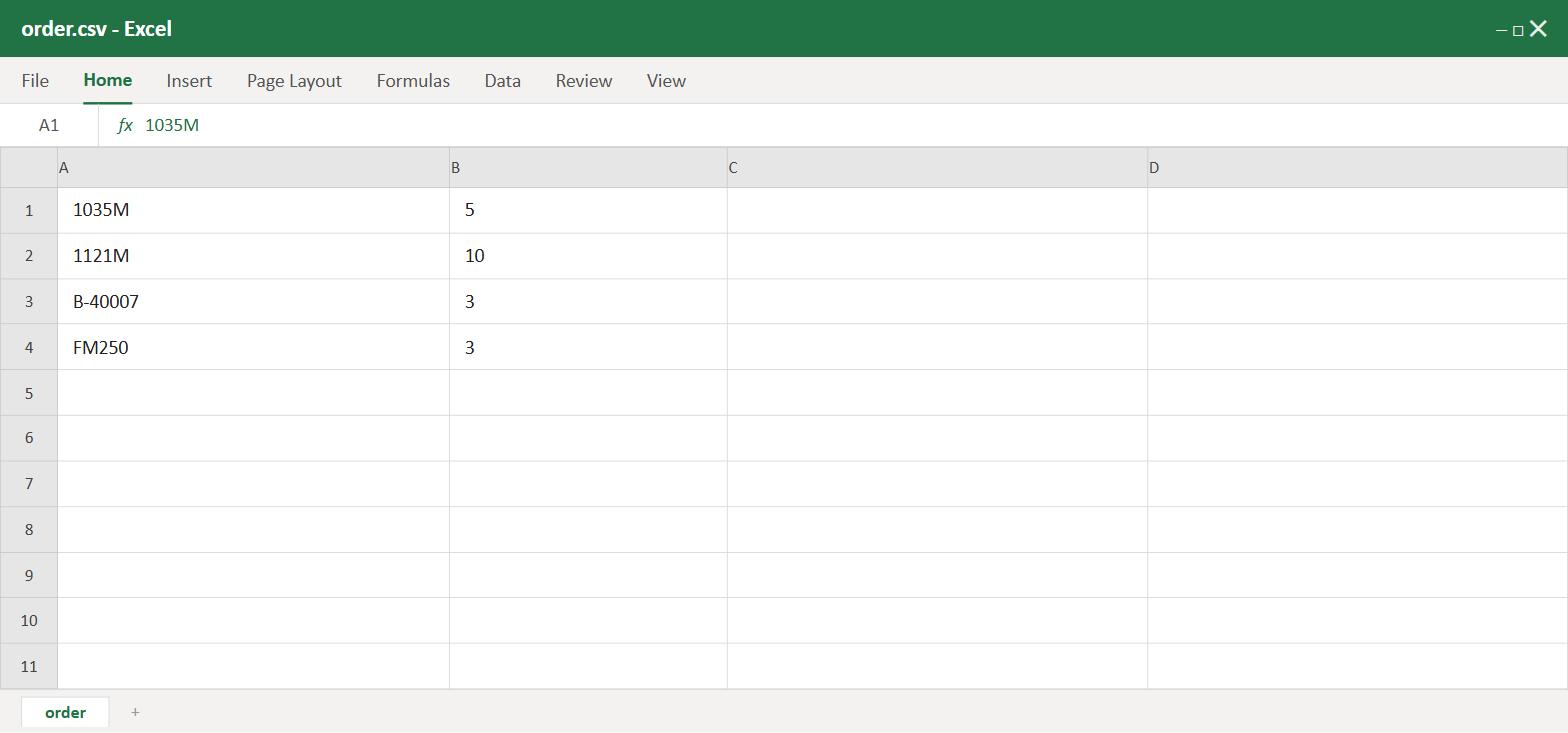 Example Excel spreadsheet showing a correctly formatted order: Stock Code in column A and Quantity in column B