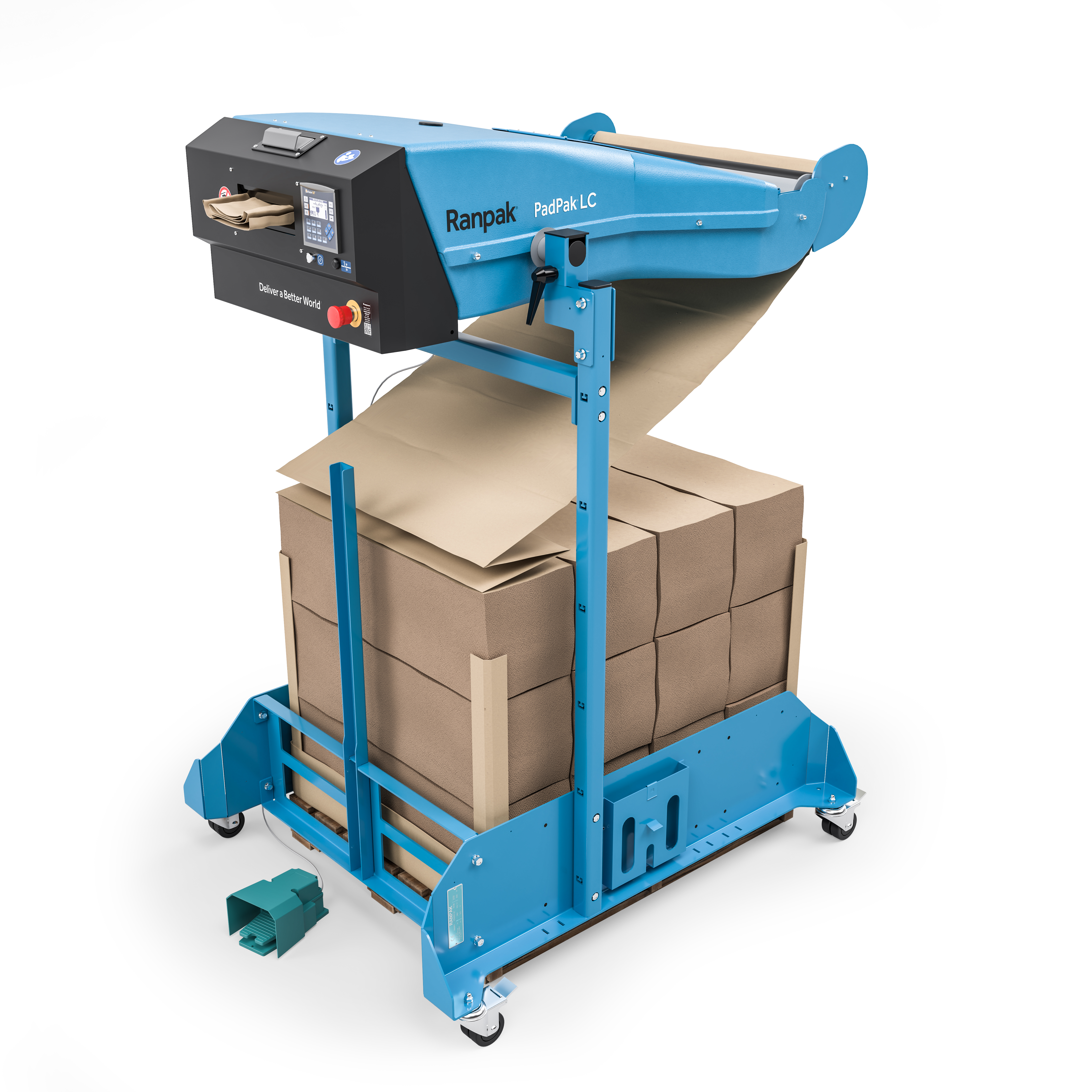 Ranpak PadPak LC machine utilizing a bulk pallet of paper packs for continuous high speed operation